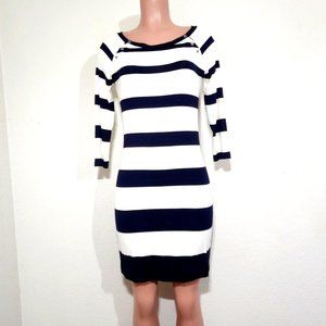 Banana Republic Navy Cream Striped Dress 3/4 Raglan Sleeves Button Accents